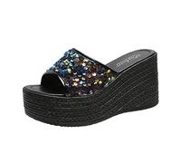 Ladies Wedge Heel Platform Slippers Sandals Womens Sequin Open Toe Mules Chunky Sole Slippers Slides Casual Lightweight Slippers Women's Crystal Slides Summer Beach Sliders for Travel Diamante Shoes