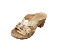 Ladies Wedge Sandal for Block Chunky Heel Flower Strap Hollow Out Black Slide Mules Summer Slip-on Open Toe Comfortable Insole Roman Sandals Footwear Elegant Vacation Beach (Gold, 4.5)