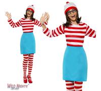 Smiffys Where's Wally Wenda Costume, Adults Red & White Top, Skirt, Hat, Tights & Glasses, Iconic Bobble Hat & Elasticated Skirt, Perfect for a Themed Parties or World Book Day or Halloween