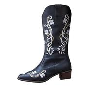 Ladies Western Cowgirl Cowboy Boots for Women Mid Wide Calf Flower Embroidery Pointed Toe Fall Boots for Women (Black, 7)