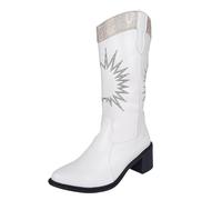 Ladies Western Cowgirl Cowboy Boots for Women Mid Wide Calf Retro Embroidery Pattern Pointed Toe Fall Boots for Women (Beige, 7)