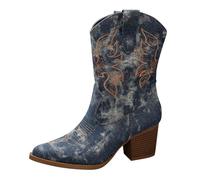 Ladies Western Cowgirl Cowboy Boots for Women Wide Calf Embroidery Pattern Denim Look Pointed Toe Fall Ankle Boots for Women (Blue, 7.5)