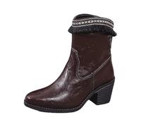 Ladies Western Cowgirl Cowboy Boots for Women Wide Calf Fringe Ethnic Knit Snip Toe Booties Fall Ankle Boots for Women (Brown, 6)