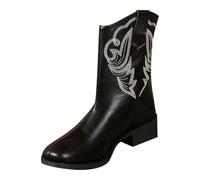 Ladies Western Cowgirl Cowboy Boots for Women Wide Calf Retro Embroidery Ethnic Graphic Back Zipper Booties Fall Ankle Boots for Women (Black, 4)