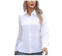 Ladies White Blouse Long Sleeve Button Down Shirts for Women Plain Basic Elegant Collar Blouse Tops Classic Fit Dress Shirt for Work Office Business