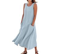 Ladies White Dresses Summer Cotton Linen Solid Color Crew Neck Sleeveless Dresses Tunic Tank Dress with Pockets White Long Dress (Blue, XL)