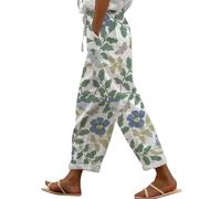 Ladies White Linen Trousers Womens Plus Size with Pockets Drawstring Elastic Waist Wide Leg Smocked Pants Fashion Printing Loose Casual Trousers Summer Fall Daily Essentials Soft Comfy Pants UK Sales