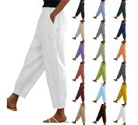 Ladies White Trousers, Linen Trousers Womens Petite Summer Elasticated Waist Short Leg Loose Cotton 3/4 Lounge Pants Plain Capri Casual Straight Leg Bottoms with Pockets White 4XL