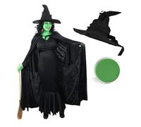Ladies Wicked Witch Halloween Costume - Black Dress + Hooded Velour Cape + Witch's Hat + Green Facepaint - Fancy Dress Party Book Movie Themed