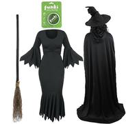 Ladies Wicked Witch Halloween Costume - Includes: Broom, Black Dress, Hooded Cape, Tattered Hat and Green Facepaint