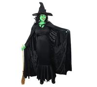 Ladies Wicked Witch Halloween Costume - XXLarge - Black Dress + Hooded Velour Cape + Witch's Hat + Green Facepaint - Fancy Dress Party Book Movie Themed