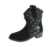 Ladies Wide Fit Mid Calf Boots Winter Short Boots for Women UK Waterproof Rivet Block Heel Pointed Toe Casual Shoes Womens Comfortable Lightweight Walking Booties British Style Boot Black
