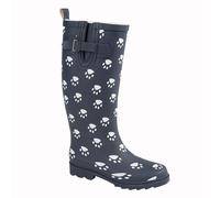 Ladies Wide Fit Navy Paw Print Rubber Wellington Boots - Strap & Gusset Design