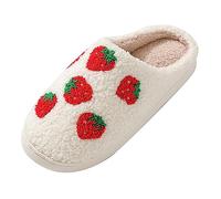 Ladies Wide Fit Slippers Strawberry Print Mens Womens Memory Foam Plush Fleece Lined Outdoor & Indoors Comfort Home Slippers Non Slip Classic Slip-On Bathroom Shoes Red UK Size 4