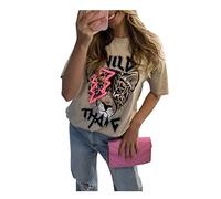 Ladies Wild Tiger Printed Short Sleeve T-Shirt Womens Oversized Round Neck Baggy Fit Tee Tops Beige