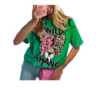 Ladies Wild Tiger Printed Short Sleeve T-Shirt Womens Oversized Round Neck Baggy Fit Tee Tops Green