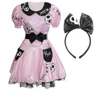 Ladies Wind-Up Doll Costume - Medium - Pink and Black Dress with Skull and Stitch Detailing and Black Skull Headband - Womens Ragdoll Skelly Halloween Fancy Dress Costume