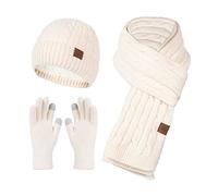 Ladies Winter Beanie Hat, Long Scarf, Touchscreen Gloves - 3 in 1 Cold Weather Set, Fleece Lined Bobble Hat, Knitted Scarf, Mitten