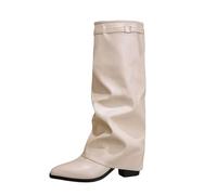 Ladies Winter Long Boots Elastic Calf Chunky Heel Cowgirl Round Toe Go Fashion Slouch Western Vintage Warm Side Zipper Knee White