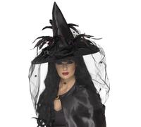 Smiffys Witch hat feathers netting adult black 33786