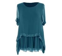 Ladies Women Italian Lagenlook Plain Short Sleeve Sequin Trim Layered Hem Silk Top Blouse One Size (UK, Alpha, One Size, Regular, Regular, Teal)