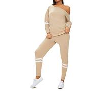 Ladies Women Long Sleeve Bardot Top Stripe Detail Jogger Knitted Lounge Set Tracksuit (Stone, Large)
