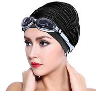 Ladies Women Pleated Fabric Swimming Cap Swim Pool Beach Surfing Caps Elastic Soft Bathing Cap Swimming Shower Cap Comfortable and Elegant Swim Hat for Long Hair Short Hair Ears Protection Black&Blue