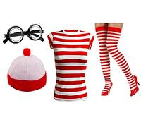 Ladies Women's Girls RED & White Strips T-Shirt KIT Hen Party Going Out Costume Book Day Wally Book Week Nerd Glasses Set Fancy Dress costume stag night top strip costumes shirts (XXL, Red & White)