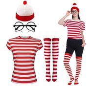 Gizelle LADIES WOMEN'S GIRLS WHERES WALLY STRIPS T-SHIRT KIT HEN PARTY COSTUME BOOK DAY (L, Red & White)