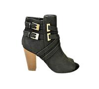 Ladies Womens Guess Block Heel Ankle Boots Double Buckle Strappy Peeptoe Zip Shoes Size 5 Black 59595