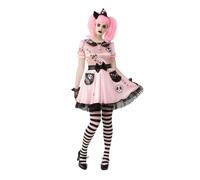 Ladies Womens Pink Skelly Costume Skeleton Doll Halloween Fancy Dress Outfit