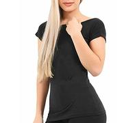 Ladies Womens Slash Neck Black Viscose T Shirt Short Sleeves Fancy Dress Top (Black Medium-Large)
