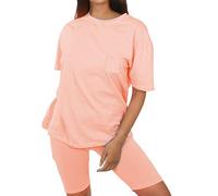 Ladies Womens T-Shirt Shorts Tee Oversized Set Peach XS