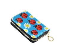 Ladies Womens Wallets Leather RFID Blocking Credit Card Holder Cute Ladybugs Daisy Flowers Blue Zipper Card and Cash Holder
