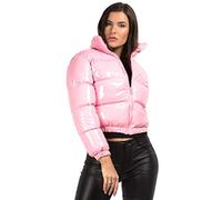 Ladies Womens Wet Look Shiny Jacket Vinyl PVC PU Faux Leather Puffer Bubble Quilted Padded Cropped Winter Warm Parka Bomber Thick Coat UK Size XS/6 Pink
