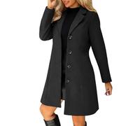Ladies Wool Coats Classic Notched Lapel Collar Single Breasted Wool Blend Pea Coat Mid-Long Elegant A-Line Overcoat Winter Fashion Smart Trench Coats Smart Jackets With Pockets,Black,XL