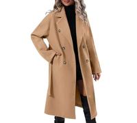 Ladies Wool Coats Winter Notched Lapel Collar Double-Breasted Wool Blend Pea Coats Classic Belted Trench Coats Warm Windbreaker Long Woolen Overcoat With Pockets,Beige,M