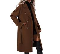 Ladies Wool Coats Winter Notched Lapel Collar Double-Breasted Wool Blend Pea Coats Classic Belted Trench Coats Warm Windbreaker Long Woolen Overcoat With Pockets,Brown,M