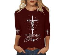 Ladies Xmas Tops 3/4 Sleeve Cross Christmas Begins with Christ Print Christmas Blouses Ladies Plus Size Lightweight Tshirts Funny Novelty Crewneck Shirts Holiday Party Going Out Tops