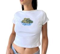 Ladies Y2K Crop Top Short Sleeve Fruit Pattern Slim Fit Elasticated E-Girls Cropped Tee Tops Cute Graphic Baby Tee Basic Shirt Harajuku Crop Top 90S Kawaii Streetwear Vintage Aesthetic Outfit