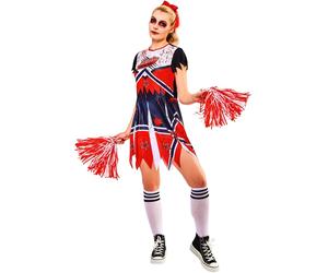 Ladies Zombie Cheerleader Costume Halloween Horror Fancy Dress Pom Poms