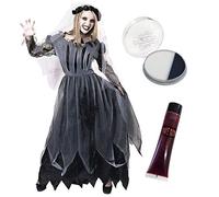 Ladies Zombie Ghost Bride Black Fancy Dress Costume Set - Includes Dress + Facepaint + Fake Blood - Ideal for Halloween, Scary/horror Dressup, Fancy Dress Parties in Sizes S - Xl