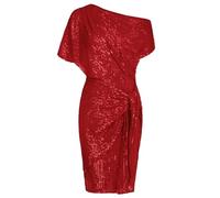 Ladies's Sequin Sparkly Glitter Club Dress One Shoulder Ruched Bodycon 80s Fancy Dress for Women UK (Red, S)