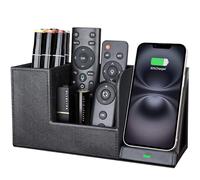 LADSTAG Pen Holder Desk Organiser with Inductive Charging Station, Leather Office Organiser Desk 10W Wireless Charger for iPhone 16 15 14 13 12 Pro Max Samsung Galaxy S24/S23/S22/S21/S20