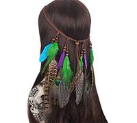 Lady Bohemian Headband, Handmade Peacock Feather Tassel Headdress Tribal Indian Headpiece Fascinator Headwear Hippie Boho Hair Accessories for Women Dance Party Festival (green)