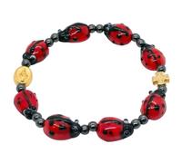 Lady Bug Decade Bracelet and Prayer Card | Stretch Elastic | Ten Vibrant Red Ladybird Beads | Gold-Tone Metal Cross and Ave Maria Charms | Great Catholic Gift for First Communion or Confirmation