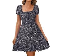 Lady Dress Casual Midi Tunic Dresses Summer Beach Sundress UK Women's Summer Sexy Casual Dress Floral Print High Waist Puff Sleeves Retro Tunic Beach Mini