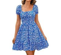 Lady Dress Casual Midi Tunic Dresses Summer Beach Sundress UK Women's Summer Sexy Casual Dress Floral Print High Waist Puff Sleeves Retro Tunic Beach Mini