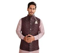 Lady Dwiza Indian Traditional Jacquard Open Waistcoat Wedding Festive Occasions Nehru Jacket For Men's, Maroon, 40