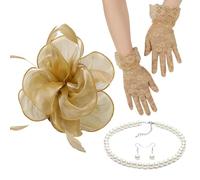 Lady Fascinators Headband Elegant Pearls Opera Necklace Earrings Lace Gloves Set 1920s Versatile Headwear